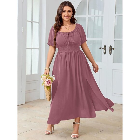 Plus Size Maxi Dress Smocked Square Neck Short Sleeve Flowy Long - Picture 4 of 6